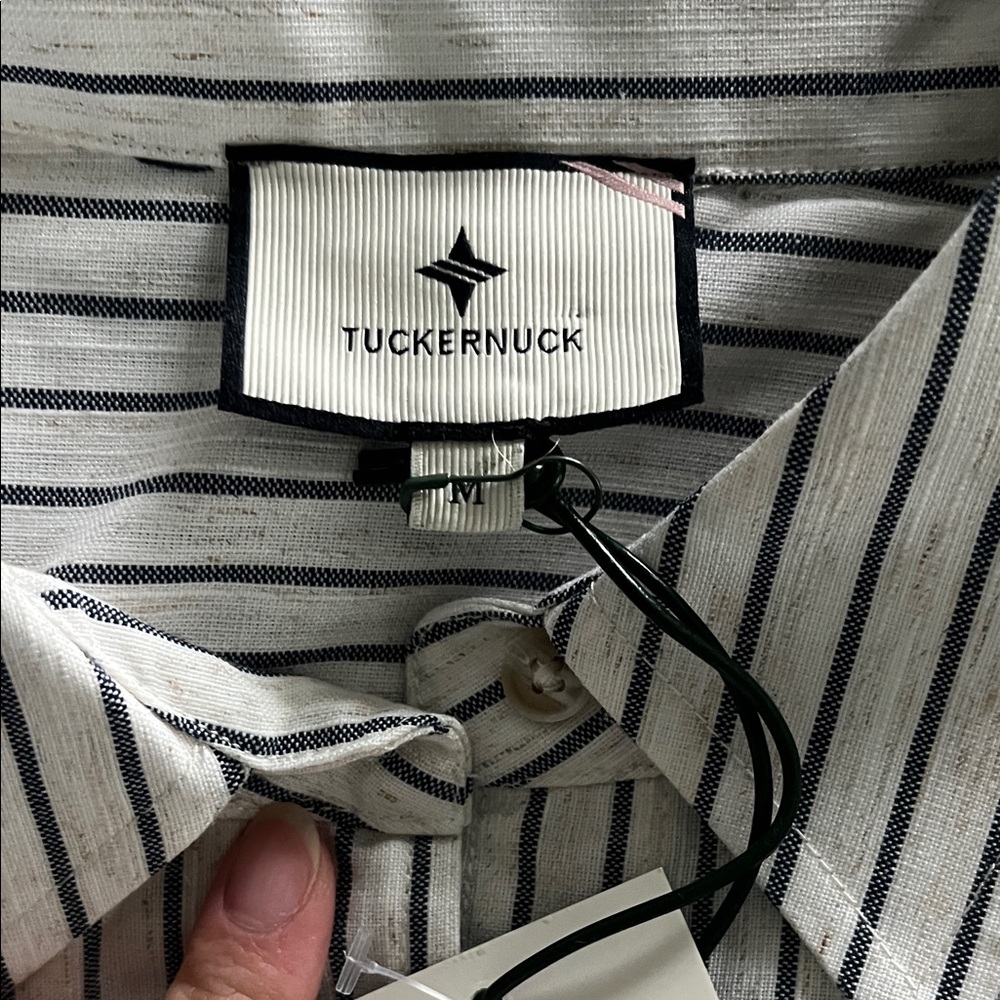 Tuckernuck Blue Stripe Linen Button-Front Tie Crop Top, Medium - Picture 3 of 5